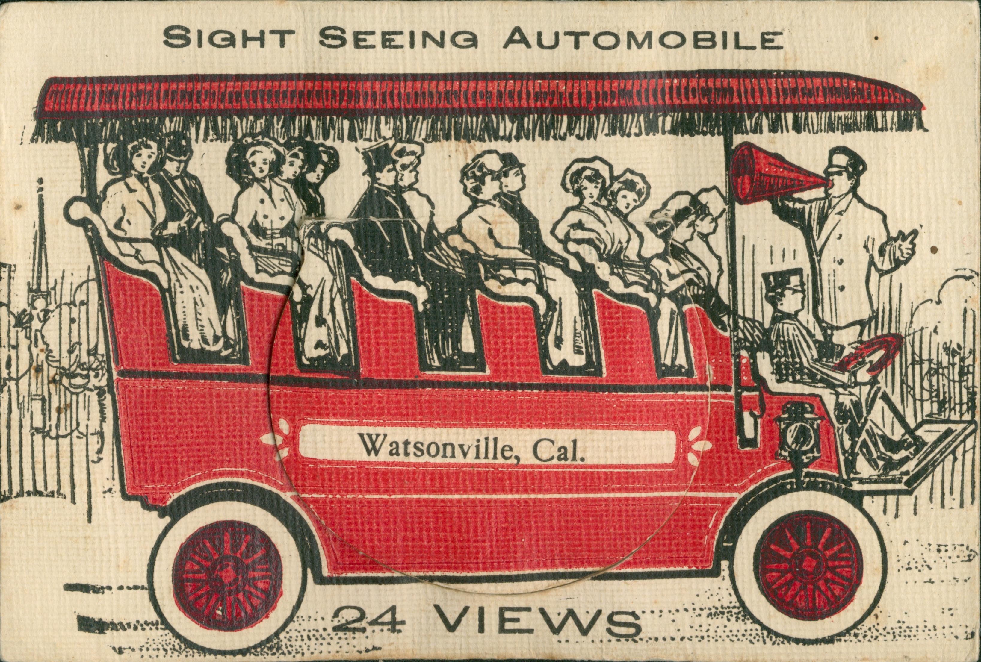 Accordian images of Watsonville, CA,  cascade out of side panel of sight-seeing automobile.